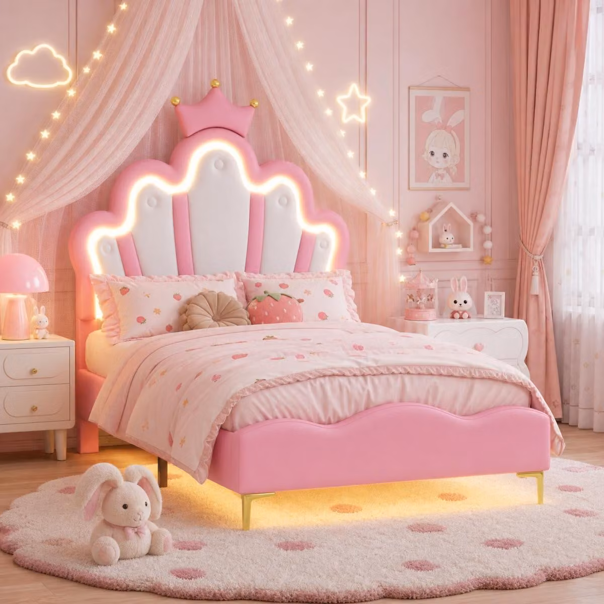 Letto imbottito INONEFT, 90x190 cm, con LED, letto a baldacchino con poggiatesta regolabile, struttura letto singolo con rete a doghe, letto per bambine, in PU, colore rosa