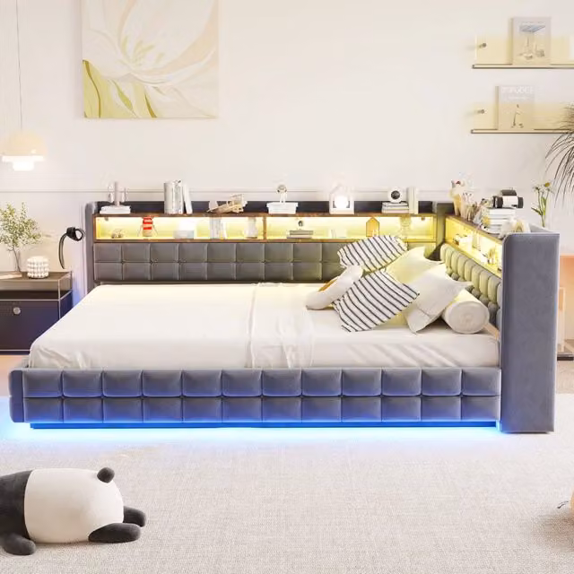 Divano letto 140x200cm - Deposito idraulico - LED e spine USB / Type-C - Scaffali laterali - Tessuto in velluto - Capacità 200kg - Grigio scuro