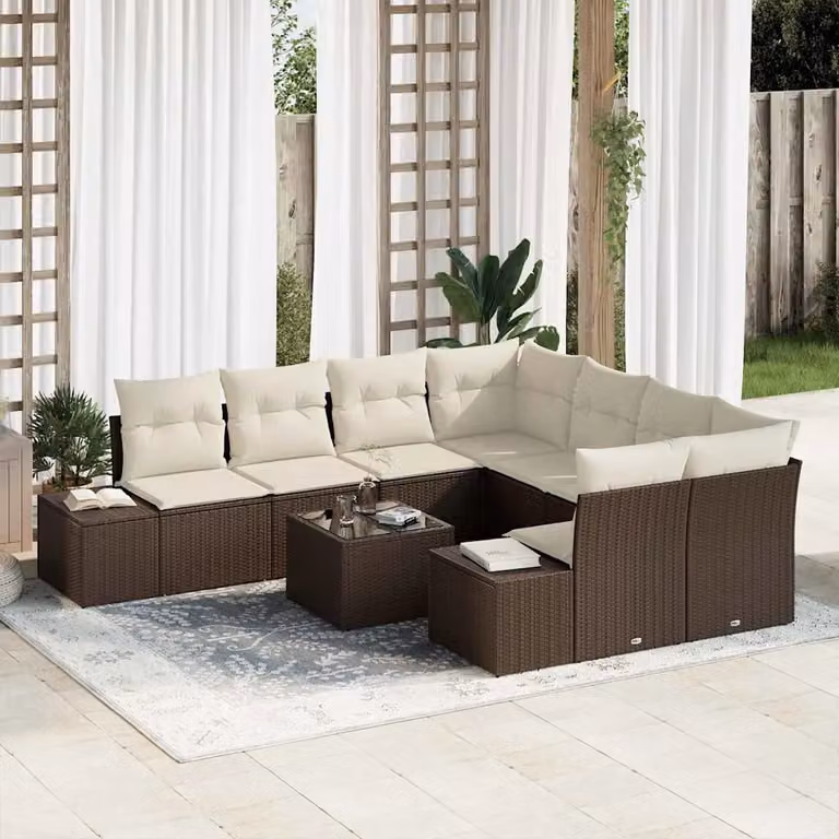 Set Divano da Giardino vidaXL 9 Pezzi Marrone con Cuscini e Tavolino in Polyrattan e Metallo