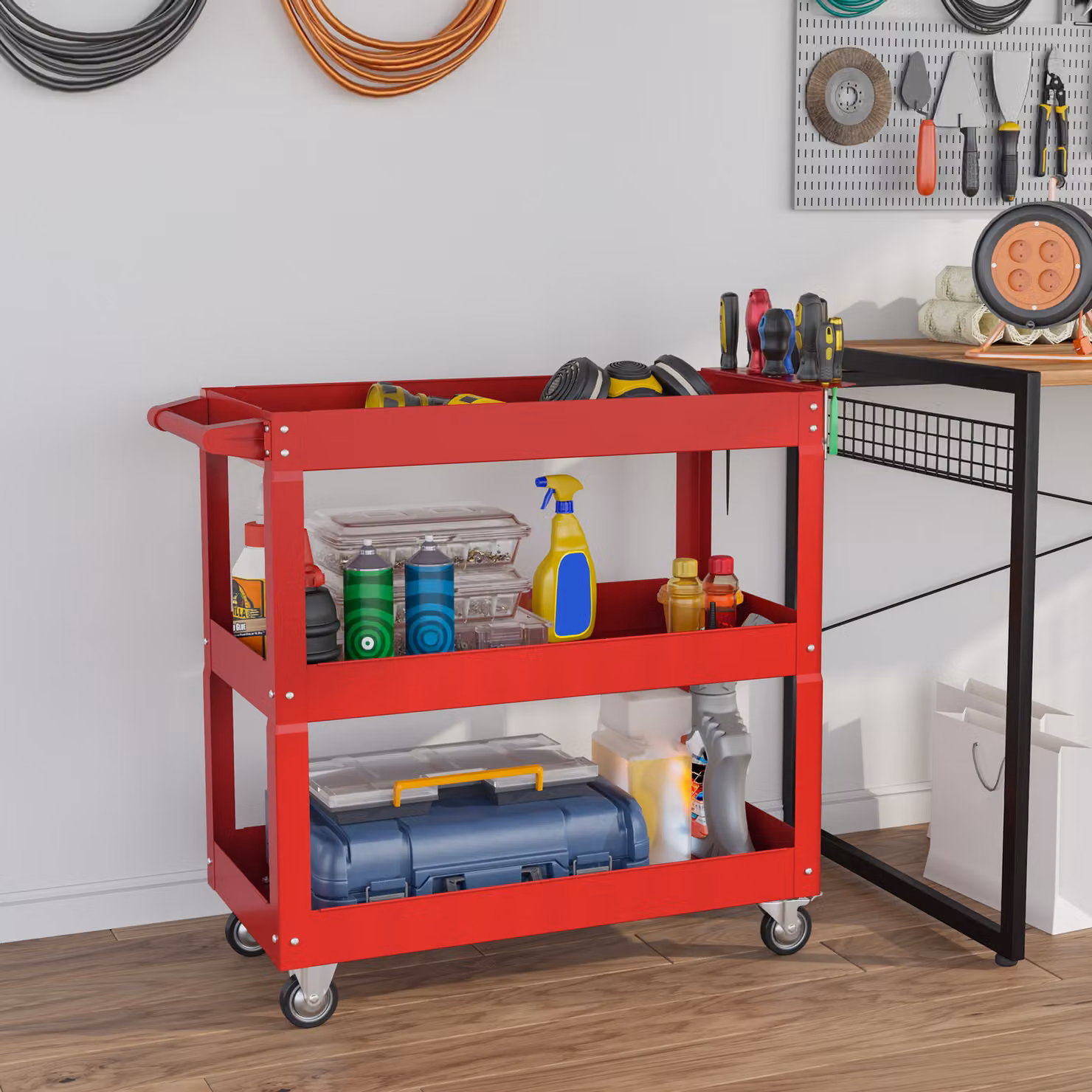 Carrello Portautensili DURHAND a 3 Livelli in Acciaio con Ruote, Rosso, L: 83 cm, P: 35,3 cm, H: 76 cm – 2