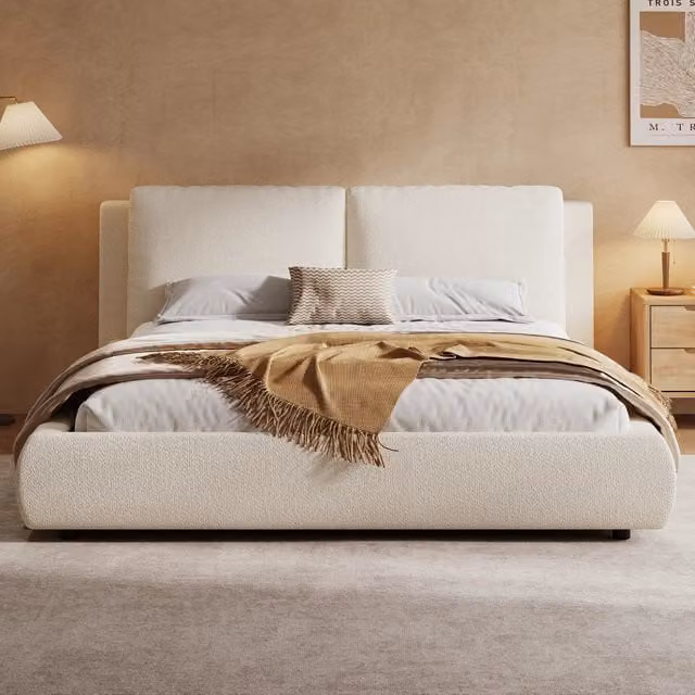 Letto contenitore Mivray con rete a doghe e testiera imbottita in bouclé beige