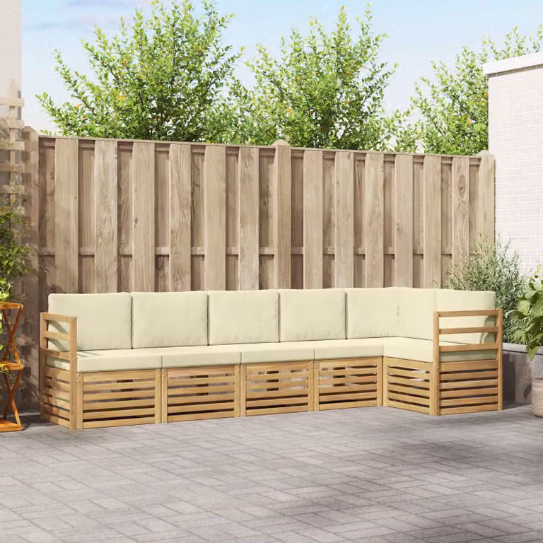 Set di divani da esterno vidaXL a forma di L composto da 6 pezzi in legno di acacia con cuscini bianchi e beige