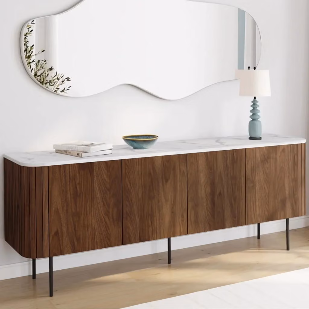 IDMarket Credenza bassa MARLA con 4 ante e doghe effetto noce e piano in marmo bianco ALASKA – 2