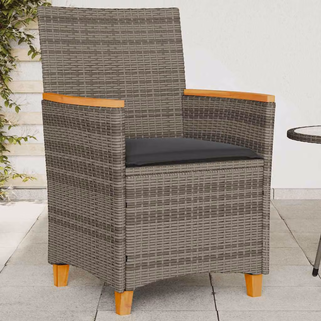 Set di 2 sedie da giardino vidaXL in polyrattan e legno di acacia con cuscini grigi e braccioli
