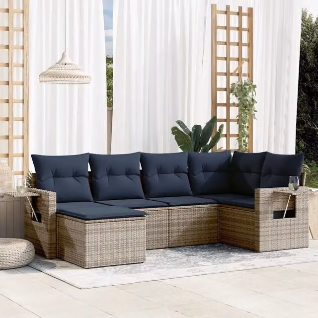 Set di divani da giardino vidaXL in polyrattan grigio con cuscini e pouf, composizione a L moderna per esterno – 1
