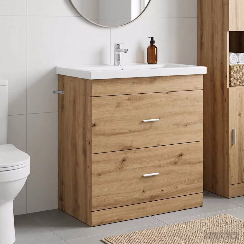 Mobiletto da bagno freestanding vidaXL in legno marrone con cassetti e ante, stile minimalista