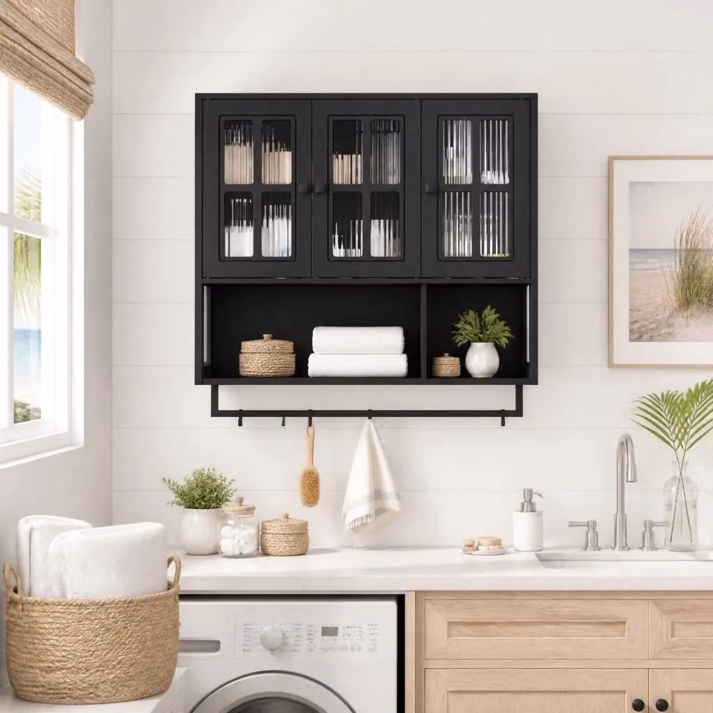 Mobile pensile da bagno MODFU con 3 ante in vetro scanalato e portasciugamani, nero opaco, L: 88 cm, P: 26 cm, H: 82,5 cm – 2