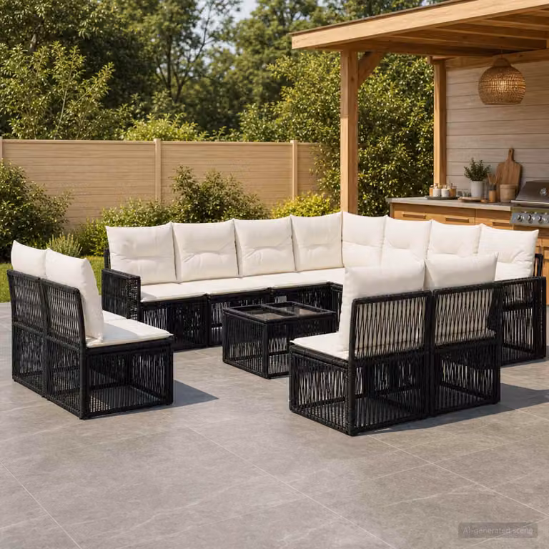 Set Divano da Giardino vidaXL a forma a U in Polyrattan con Tavolino da Caffè e Cuscini, Nero e Bianco Crema