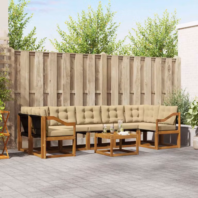 Set di divani da esterno vidaXL 8 pz in legno di acacia con cuscini beige e marrone e tavolino da caffè