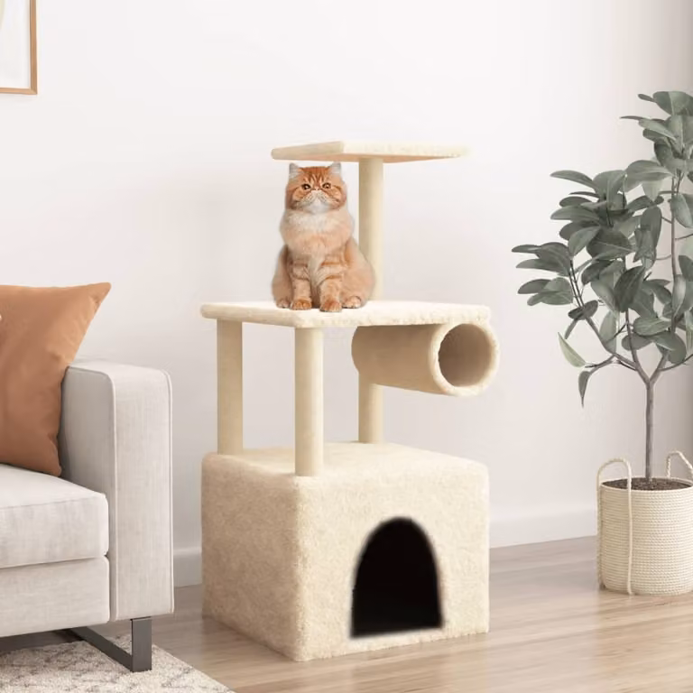 Albero per gatti vidaXL con tiragraffi in sisal e giocattoli integrati, beige, H: 109,5 cm, L: 60,5 cm, P: 60 cm