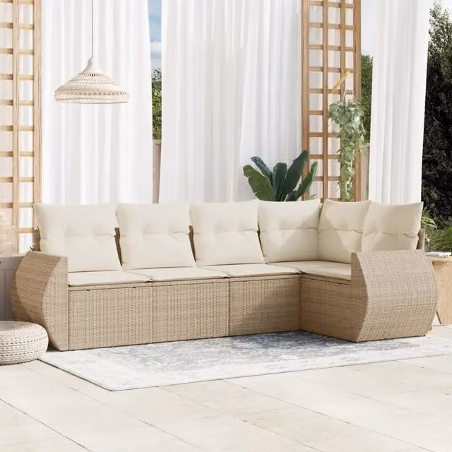 Set Divano da Giardino a L vidaXL in Polyrattan con Cuscini Beige e Struttura in Acciaio, 5 Pezzi