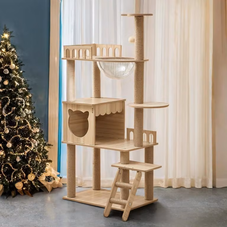 Albero per gatti Kratzbaum Holz, altezza 135 cm, con 9 pali in sisal, scala per arrampicata, palline giocattolo, adatto a gatti di grossa taglia
