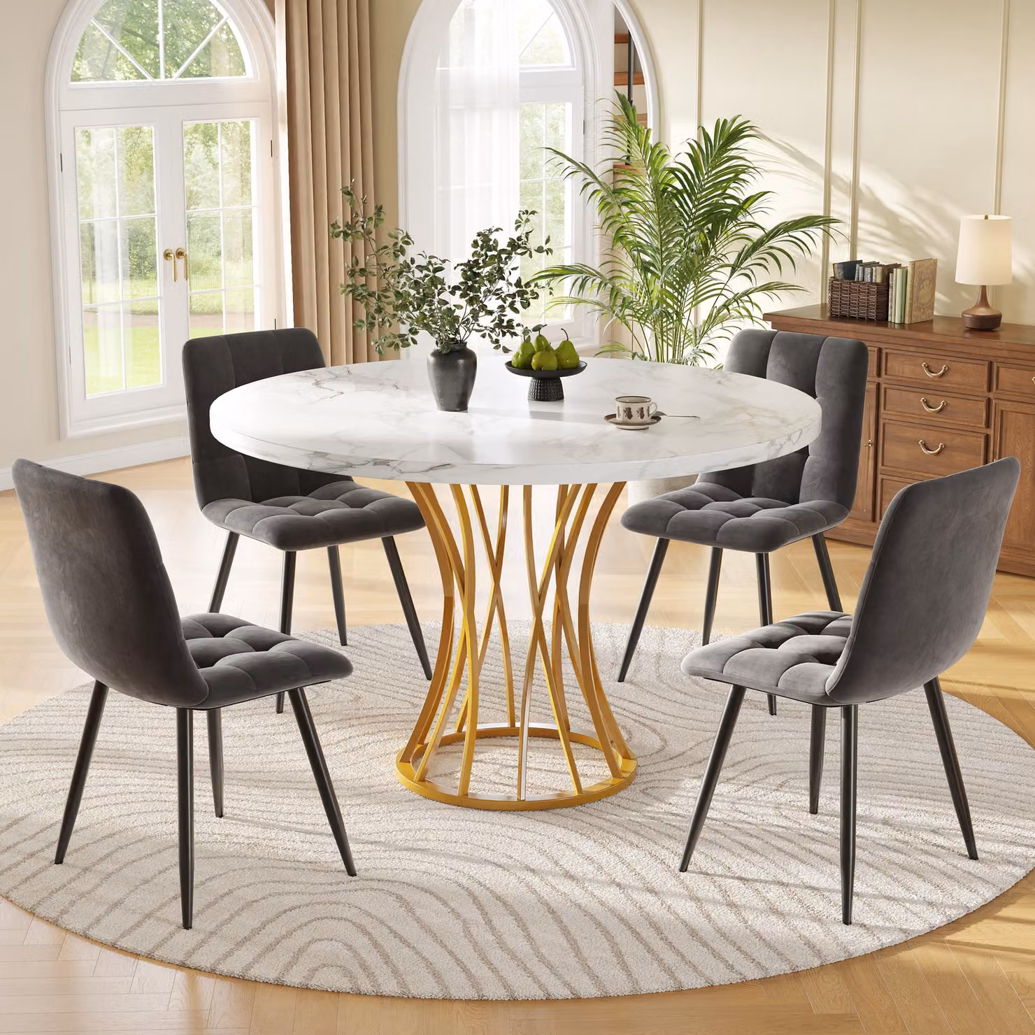 Set tavolo da pranzo Sweiko (5 pezzi), set tavolo da pranzo con 4 sedie, set tavolo da cucina moderno, tavolo da cucina rotondo con diametro di 80 cm, gambe in metallo dorato, piano tavolo marmorizzato bianco, sedie da pranzo in velluto grigio