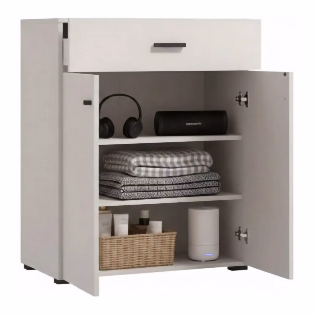 Mobile da ingresso DMORA Torrice con cassetto e ante a battente, Bianco e Beige, L: 77 cm, P: 35 cm, H: 98 cm – 2
