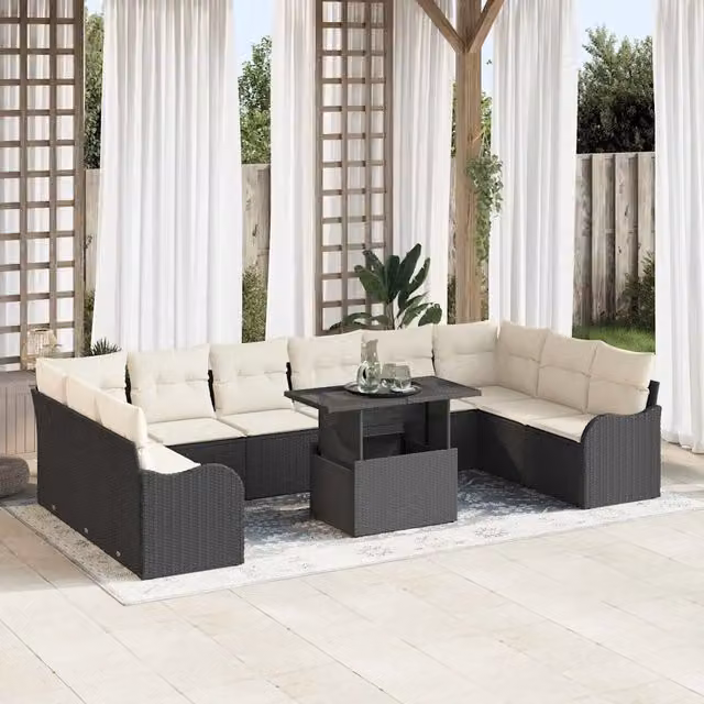 Set Divano da Giardino a Forma di U vidaXL in Rattan Nero con 11 Pezzi e Cuscini