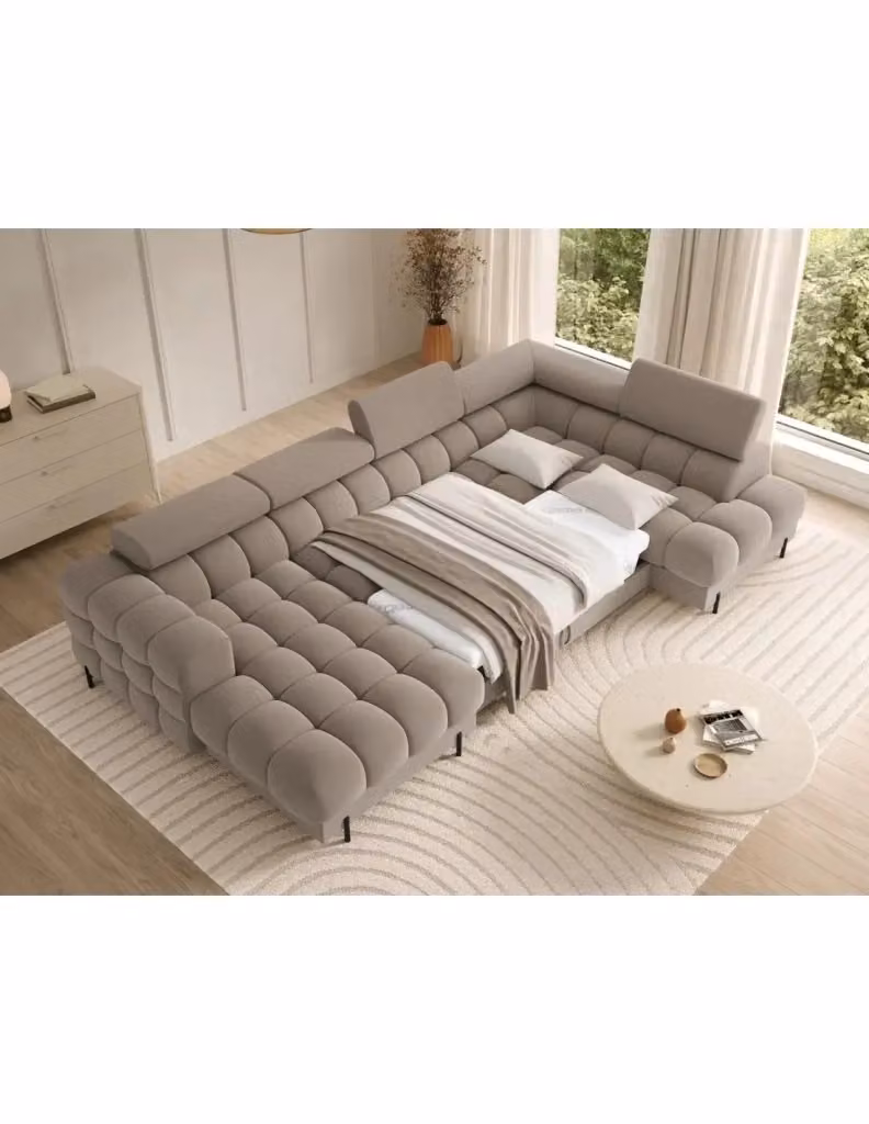 Divano panoramico convertibile beige con angolo destro FERARIA di MEUBLORAMA L/P/H: 358 x 93 x 202 cm – 2