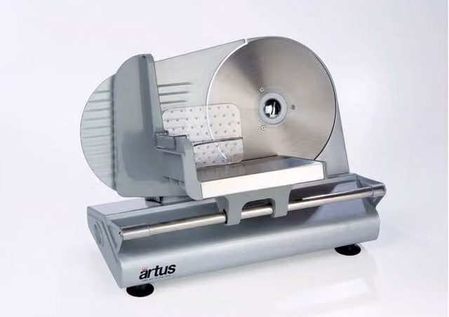 Affettatrice Reber Artus con lama da 220 mm e potenza di 150 W, colore argento e trasparente