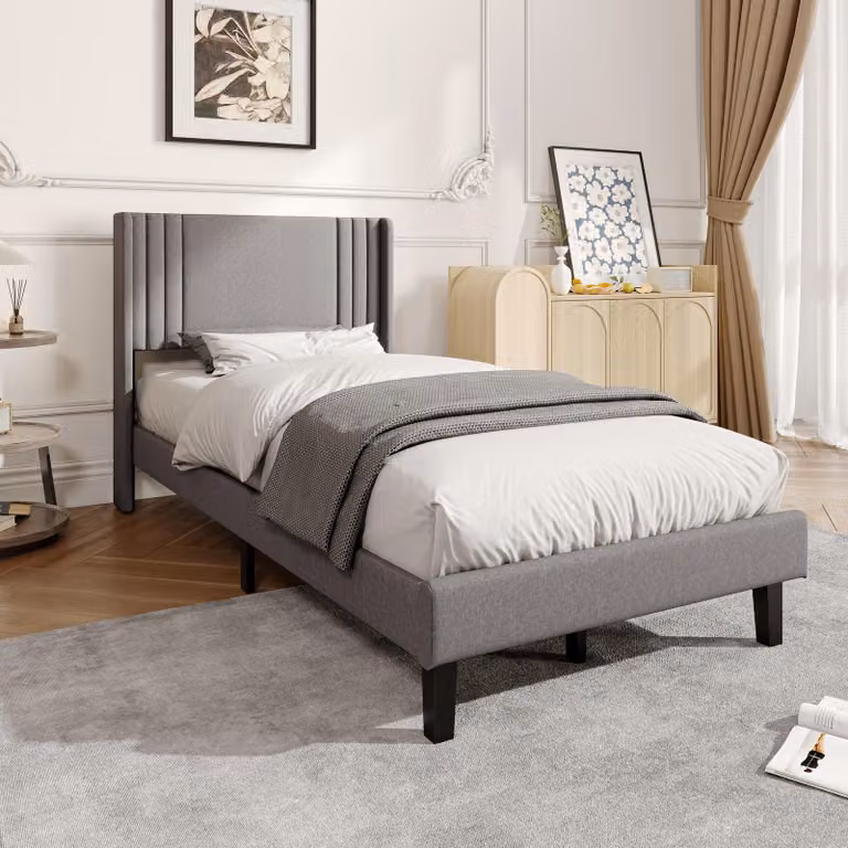 Letto imbottito ProximaX 90x200 cm in lino grigio, testiera morbida ad ali, robusto telaio in metallo con rete a doghe, ampio vano contenitore sotto il letto, letto moderno e confortevole per la camera da letto e la camera degli ospiti