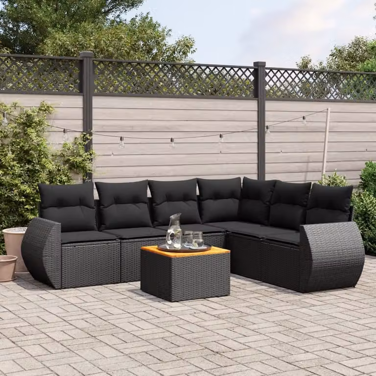 Set di divani da giardino vidaXL a forma di L in polyrattan nero con 7 pezzi e cuscini imbottiti