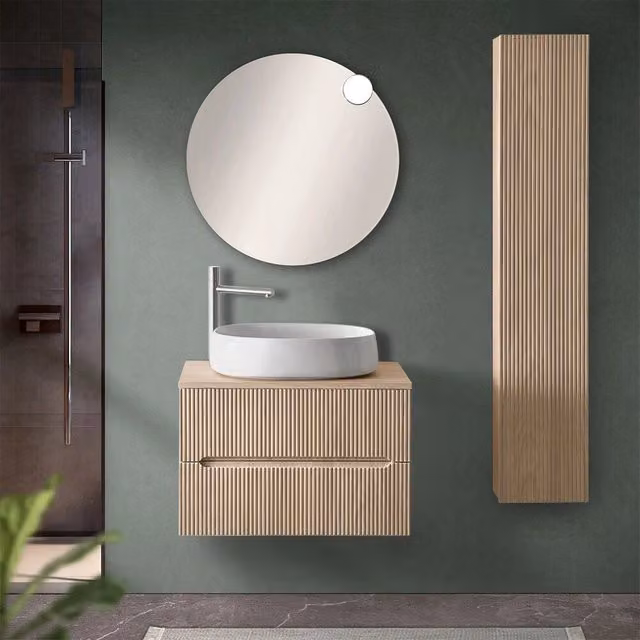 Mobile bagno sospeso cannettato con top Bali rovere chiaro e finitura opaca, Larghezza: 70 cm