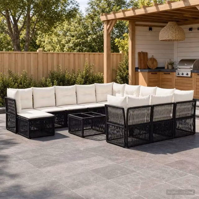 Set Divano da Giardino a L vidaXL in Polyrattan Nero con Cuscini e Tavolino da Esterno – 1