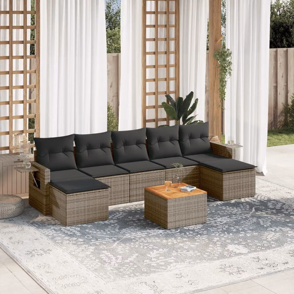 vidaXL Set Divano da Giardino 8 pz in Polyrattan Grigio con Cuscini Imbottiti e Tavolino – 1