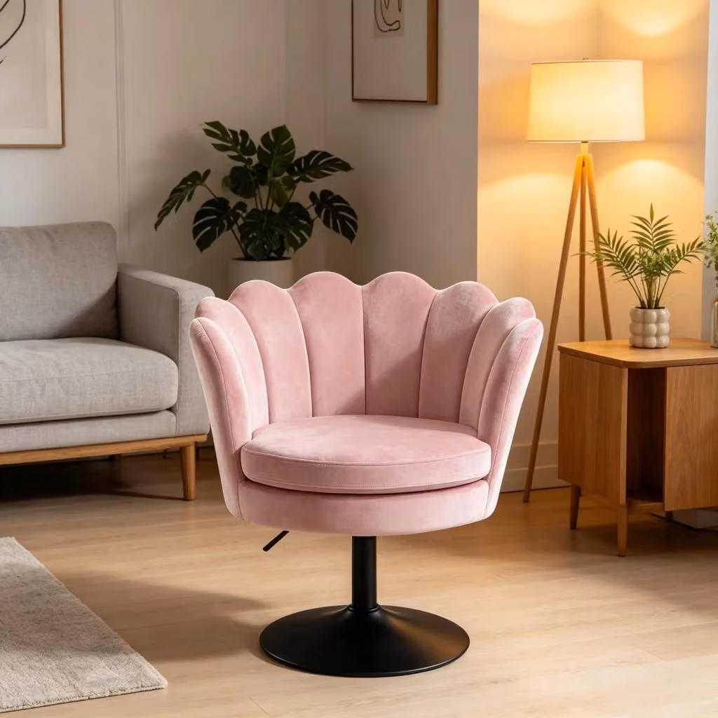 Sedia girevole moderna WISHDOR in velluto rosa con base in metallo e braccioli, L: 61,5 cm, P: 65 cm, H: 71-83 cm – 2