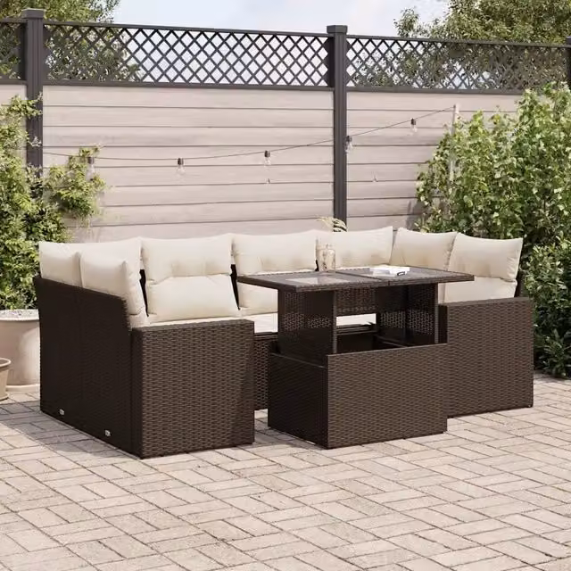 Set da giardino vidaXL composto da 7 pezzi in polyrattan marrone con cuscini e tavolino da esterno – 1