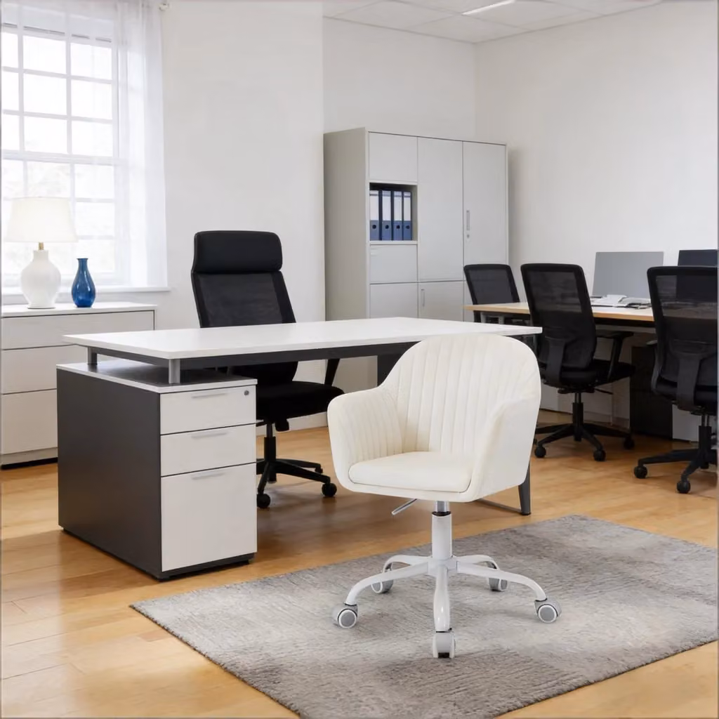 Sedia da ufficio ergonomica WISHDOR in velluto bianco con base in metallo e ruote, girevole a 360 gradi, L: 58.5 cm, P: 58 cm, H: 87 cm – 2