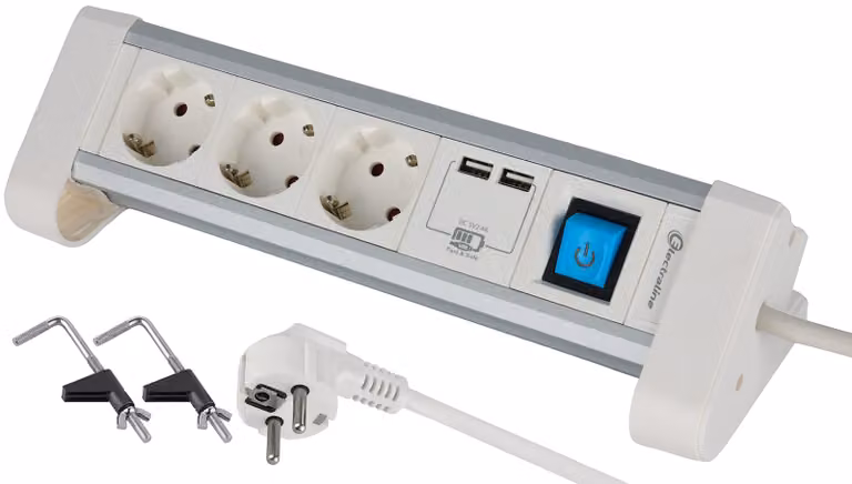 Tassello multipresa da scrivania in alluminio, con 3 prese e 2 porte USB da 2,4A