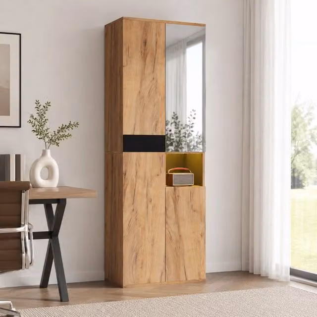 Armadio alto con specchio; 4 ante e vano a giorno in truciolare nero e naturale; 65x35x190 cm