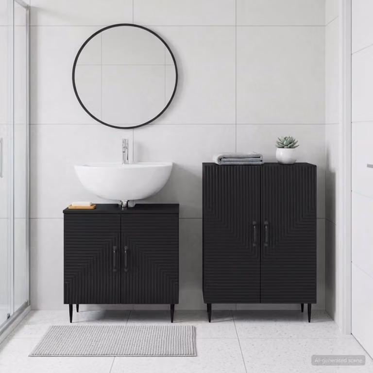 Set di mobili da bagno vidaXL HAARLEM composto da mobile lavabo e mobile contenitore, colore nero opaco, design moderno in legno