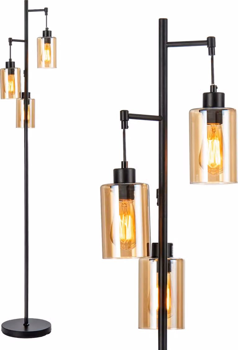 Lampada da terra COSTWAY da 164 cm con 3 paralumi pendenti in vetro ambrato, interruttore a pedale e base in metallo, lampada da terra autoportante, lampada da terra industriale