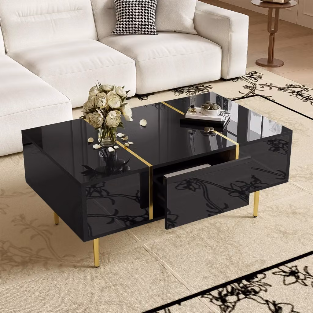 Tavolino basso Mivray per soggiorno con 2 cassetti in MDF nero lucido e dettagli in metallo dorato L/P/H: 100 x 60 x 41.5 cm
