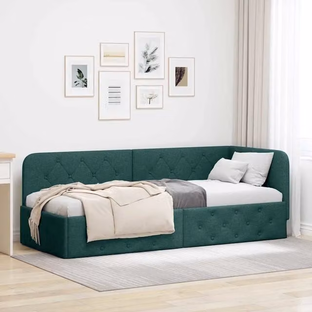 Cornice del letto ad angolo vidaXL in tessuto verde con struttura in legno, L 200 cm x P 80 cm x H 42 cm – 1