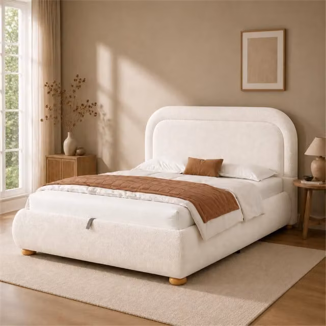 Letto contenitore imbottito 160x200 cm con sollevamento idraulico; rete a doghe; rivestimento bouclé; beige