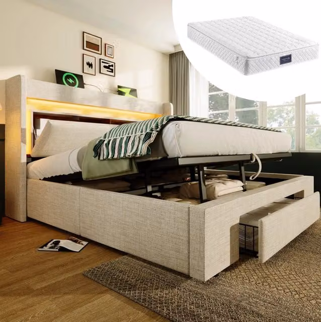Letto contenitore imbottito 140x200 cm con materasso; LED; USB/USB-C e testiera in lino; beige