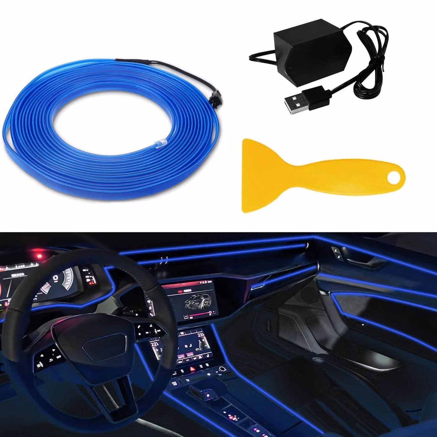Striscia LED da 5 metri, colore blu, con alimentazione USB, per illuminazione d'ambiente interna dell'auto