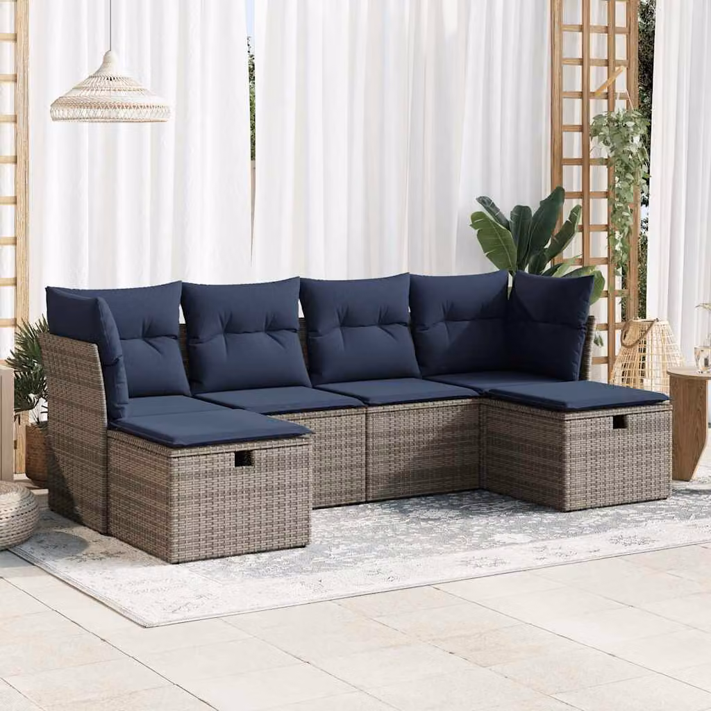 Set Divano da Giardino vidaXL a Forma di L in Polyrattan con Cuscini, Grigio e Blu