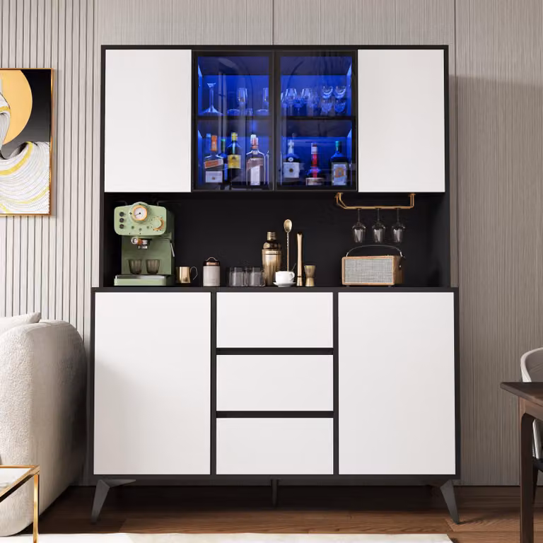 Armadio alto Flieks con ante in vetro, 3 cassetti, portabicchieri dorato, illuminazione LED regolabile tramite app, mobile contenitore, credenza da cucina, nero e bianco