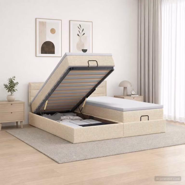 Letto ottomano con materasso e testiera vidaXL in tessuto beige, L/P/H: 200 x 200 x 88 cm