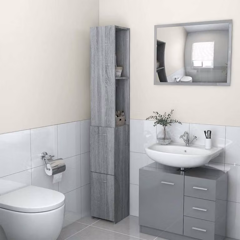 Armadietto da bagno moderno vidaXL in legno multistrato e MDF, colore grigio opaco, L/P/H: 25 x 26,5 x 170 cm