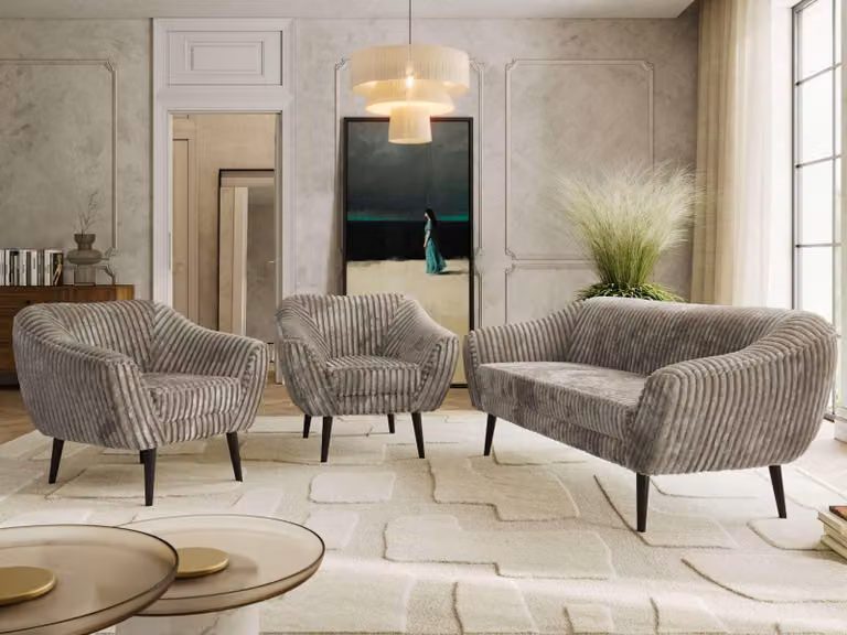 Divano componibile MKS MEBLE, set divani PIRS 1-1-3, divano scandinavo a 3 posti con poltrone, divano con sospensioni a molle, gambe nere, design scandinavo - color beige chiaro