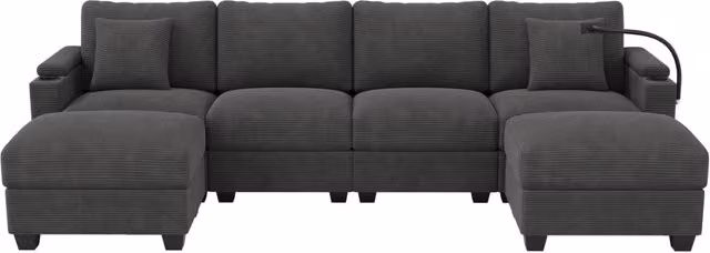Divano angolare modulare in velluto a coste con funzione letto, 5-6 posti, con portatelefono girevole e porte USB, grigio, 275.5x139x87 cm