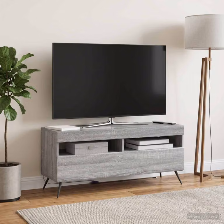 Mobile TV LED vidaXL in legno ingegnerizzato color grigio Sonoma con illuminazione integrata e scomparti multimediali