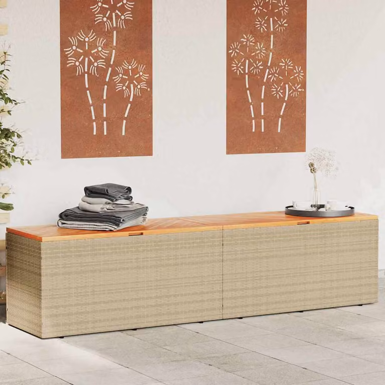 vidaXL Contenitore da Giardino in Polyrattan e Acacia Beige L 220 cm x P 50 cm x H 54 cm