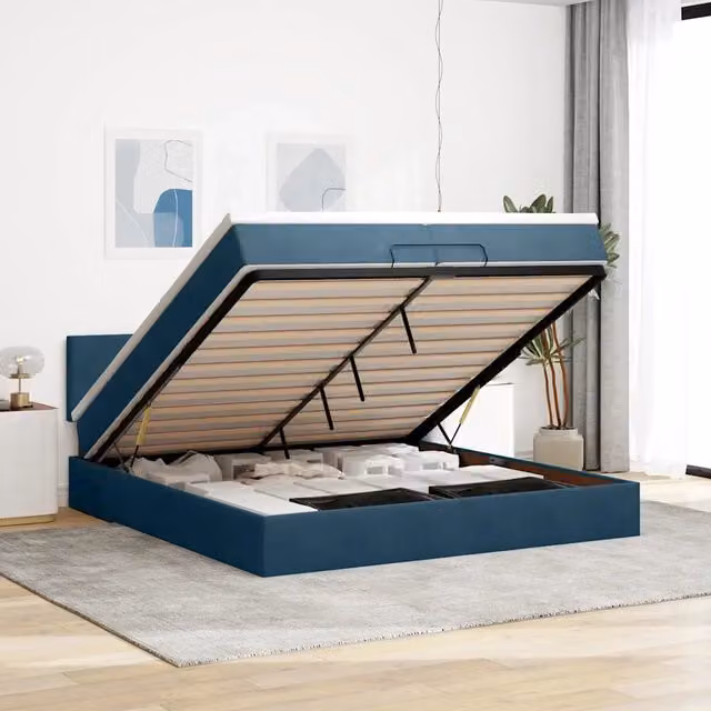 Letto contenitore moderno vidaXL in velluto blu con illuminazione LED sottostante e porta di ricarica USB L: 200 cm, P: 200 cm, H: 280 cm