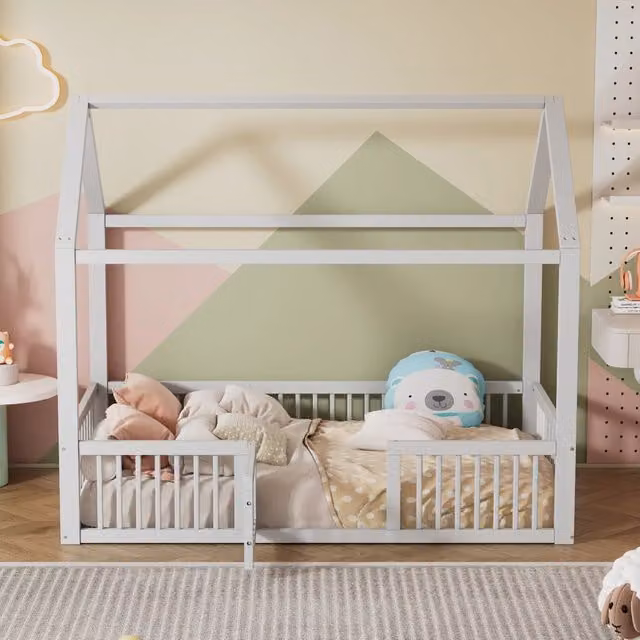 Letto a casetta singolo per bambini OKWISH in pino bianco con barriera e porticina, L/P/H: 190 x 90 x 204,5 cm