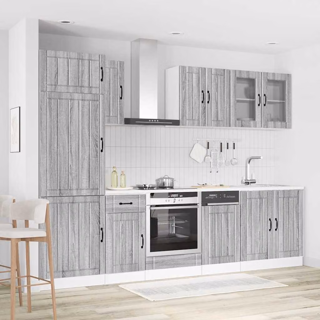 Set di mobili da cucina moderno vidaXL Kalmar composto da 8 pezzi in colore grigio con ante in vetro e ripiani interni