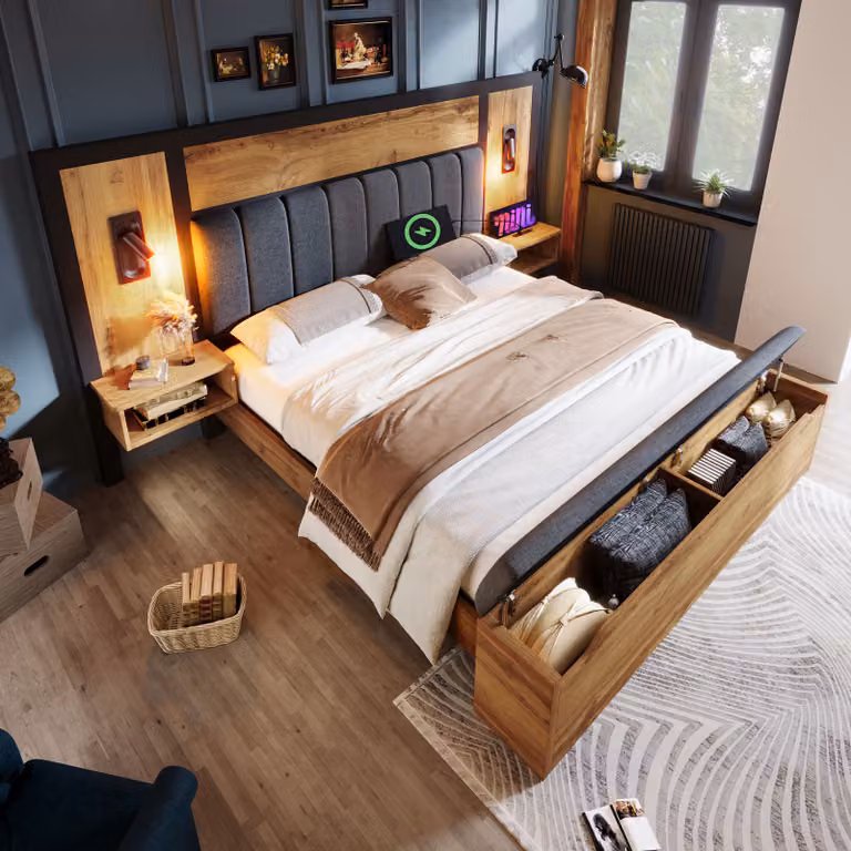Letto imbottito okwish 180×200 con lampada da lettura e comodino, letto matrimoniale con porta USB e panca, letto multifunzionale, rovere, senza materasso